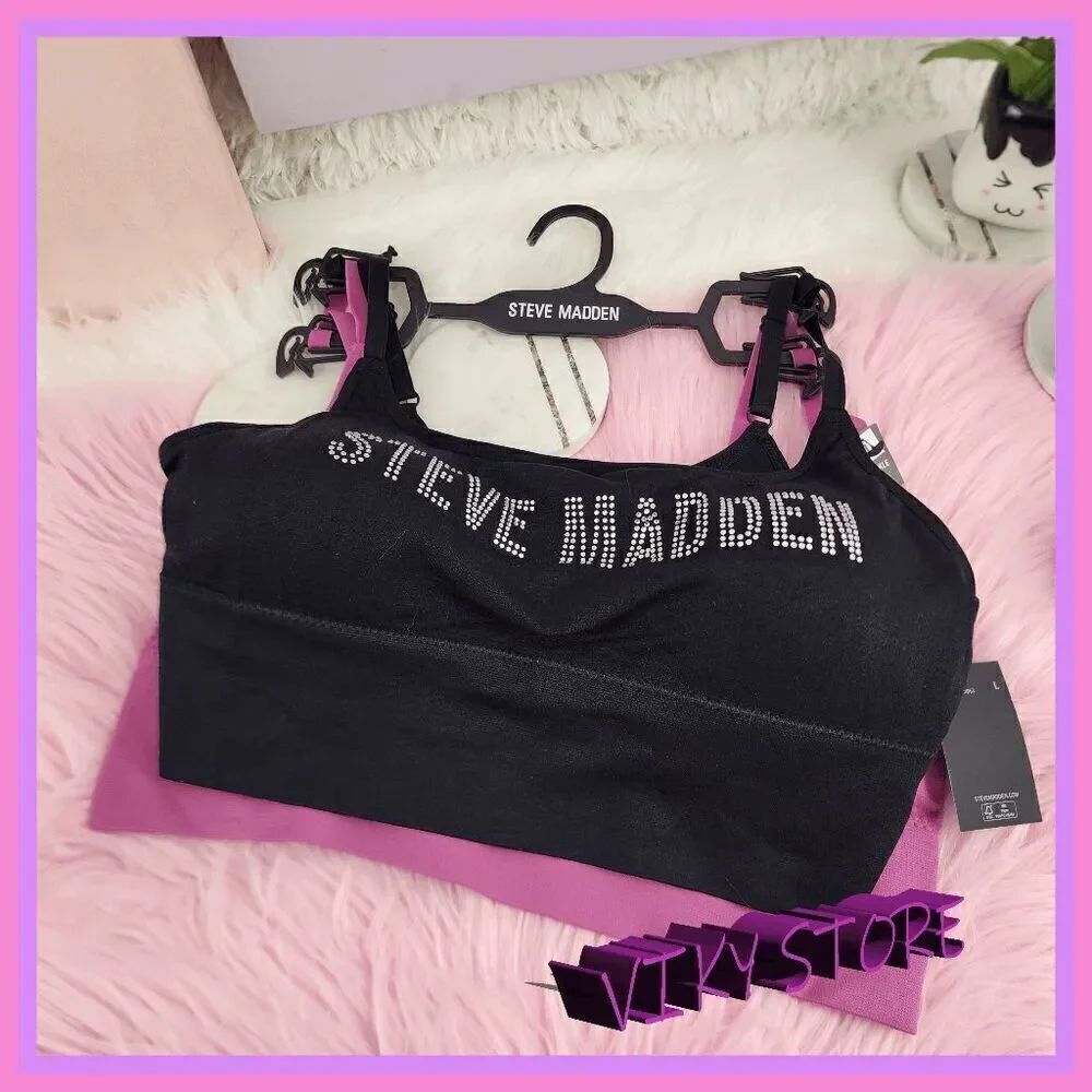 💕 NWT Steve Madden 2 Pack Bralettes Black & Lavender Rhinestone Sz L #7137 💕